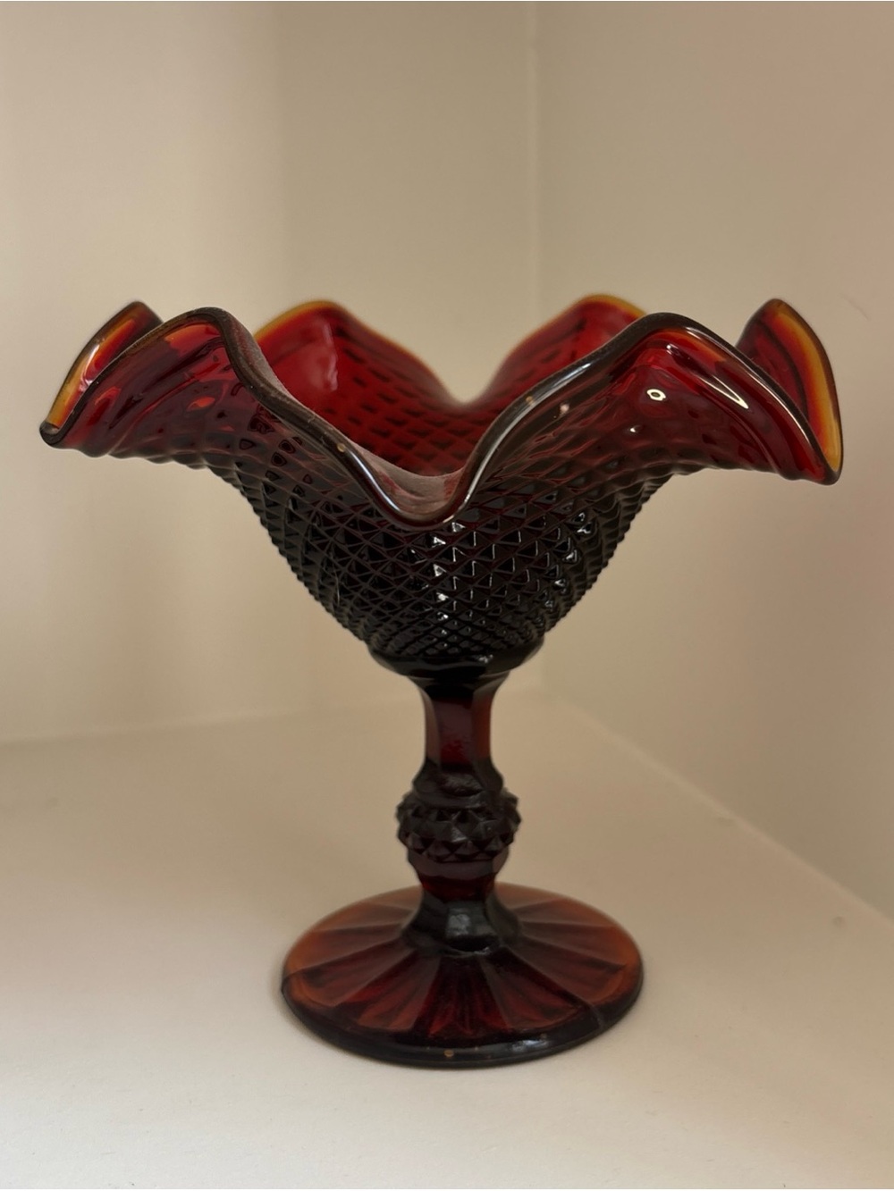 Vintage Red Amber Glass Ruffle Hobnail Pedestal whimsy Candy trinket flower Dish